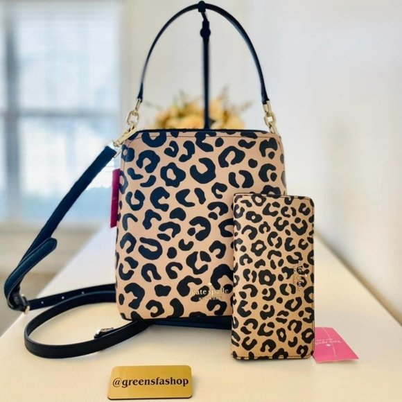 Kate Spade Purse & Wallet Darcy Graphic Leopard Small Bucket Bag Crossbody - Picture 2 of 11